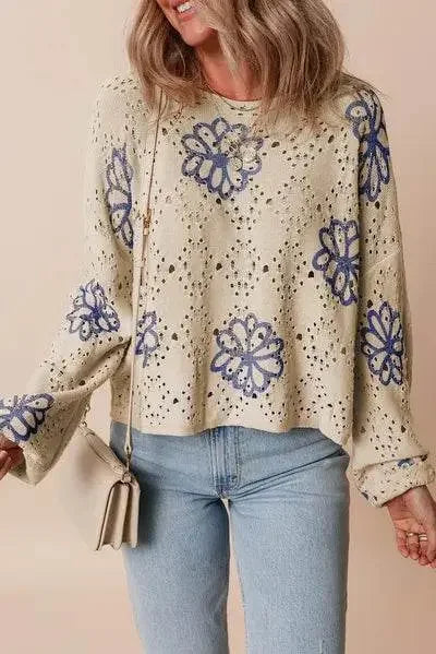 Round Neck Long Sleeve Knitted Sweatshirt - IVORYNN