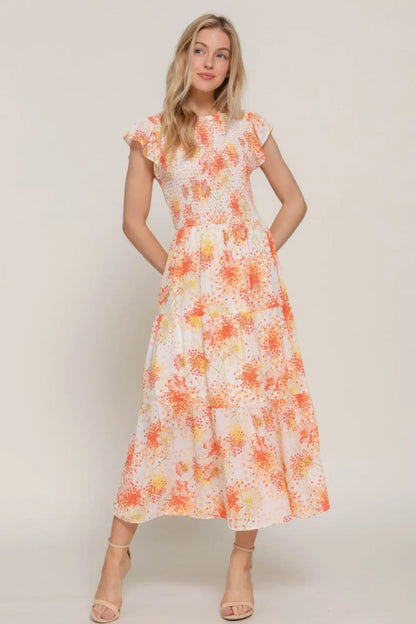 Ruffl Slv Smocked Floral Orange Dresss - IVORYNN