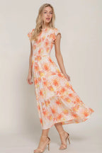 Ruffl Slv Smocked Floral Orange Dresss - IVORYNN