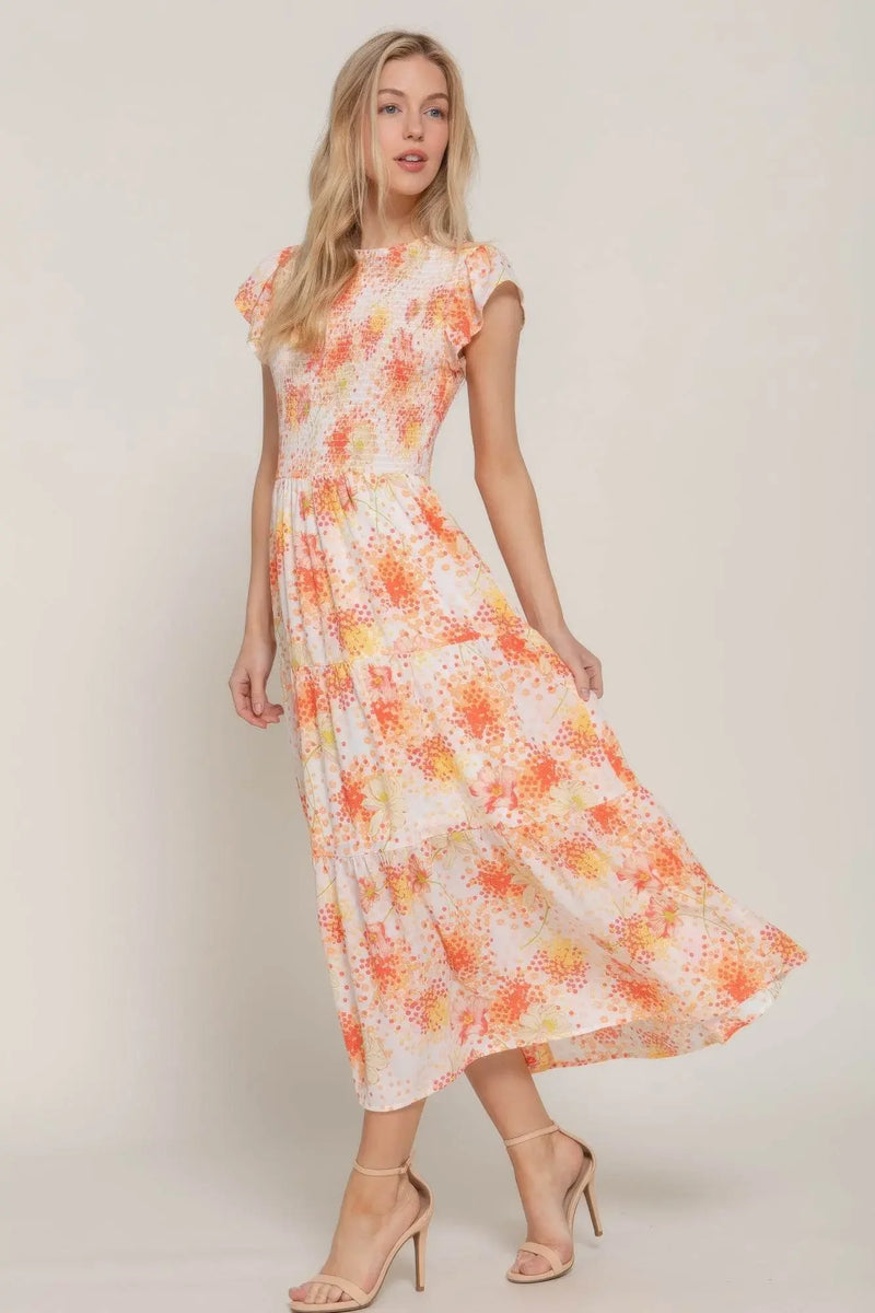 Ruffl Slv Smocked Floral Orange Dresss - IVORYNN