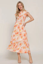 Ruffl Slv Smocked Floral Orange Dresss - IVORYNN