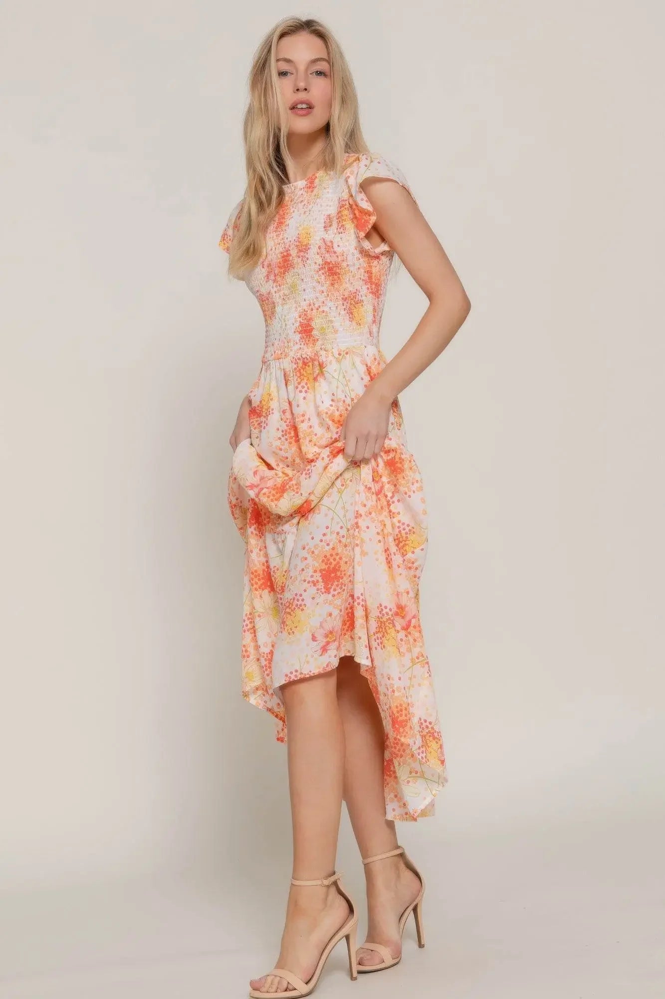 Ruffl Slv Smocked Floral Orange Dresss - IVORYNN