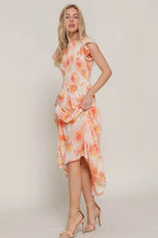 Ruffl Slv Smocked Floral Orange Dresss - IVORYNN