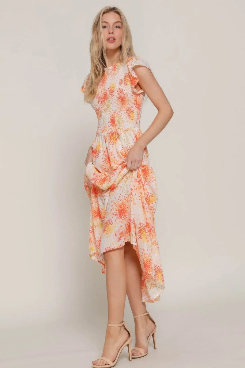 Ruffl Slv Smocked Floral Orange Dresss - IVORYNN