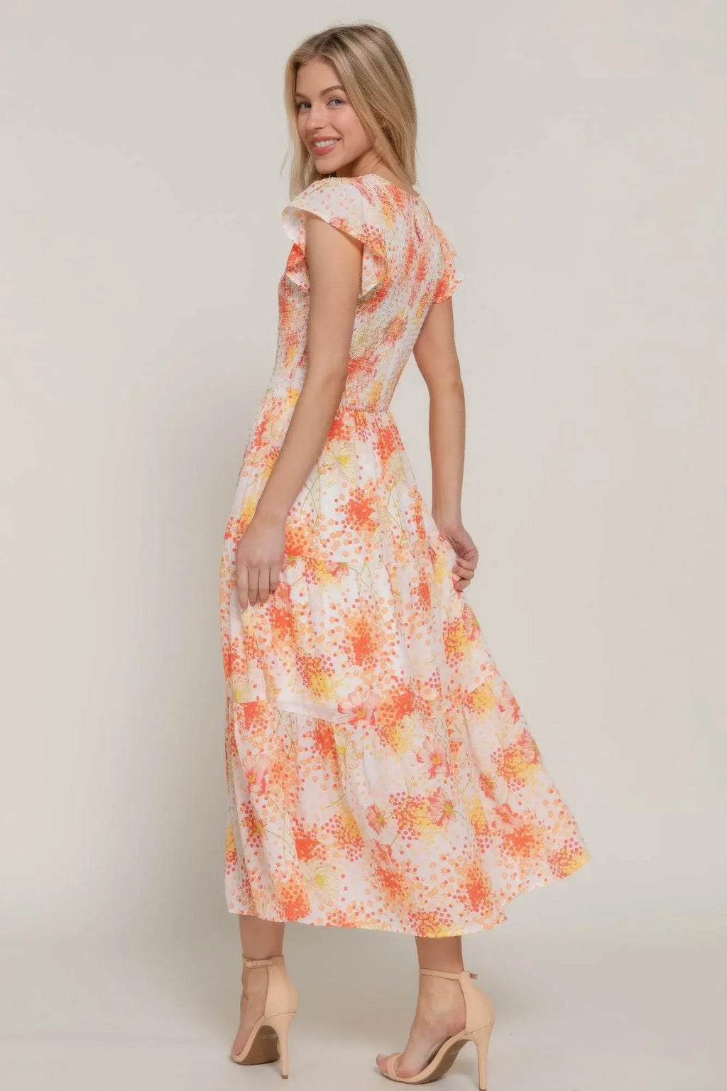 Ruffl Slv Smocked Floral Orange Dresss - IVORYNN