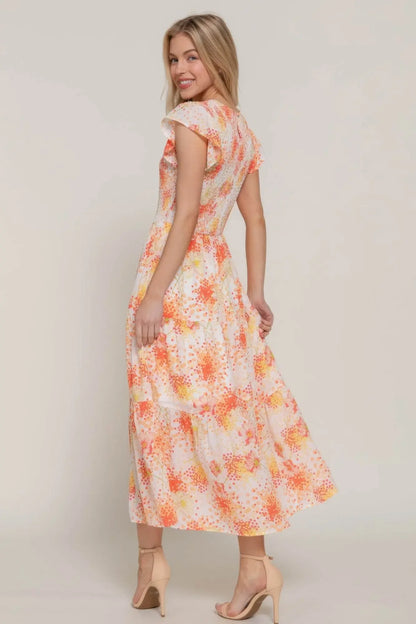 Ruffl Slv Smocked Floral Orange Dresss - IVORYNN