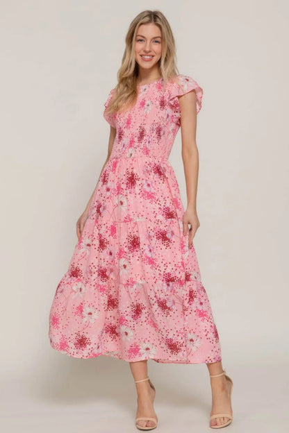 Ruffl Slv Smocked Floral Pinky Dresss - IVORYNN