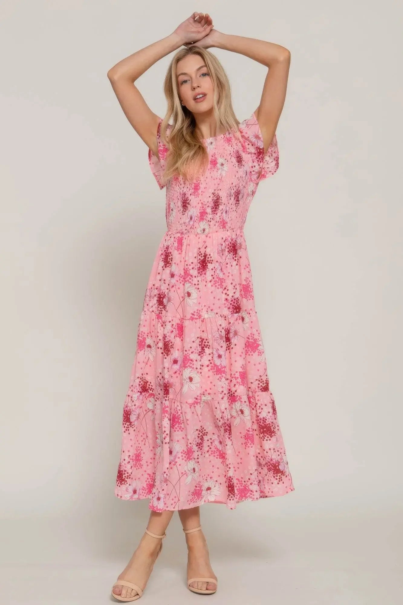 Ruffl Slv Smocked Floral Pinky Dresss - IVORYNN