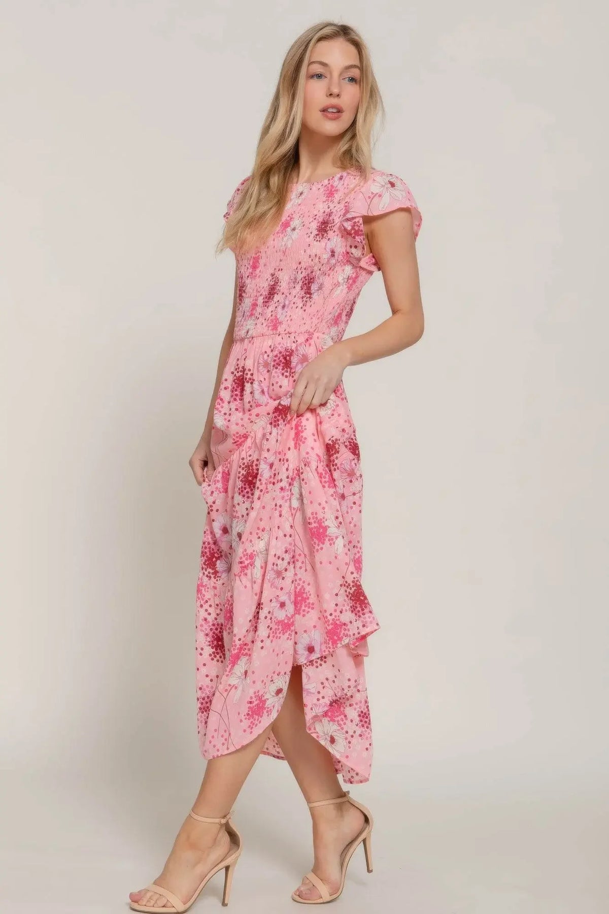 Ruffl Slv Smocked Floral Pinky Dresss - IVORYNN