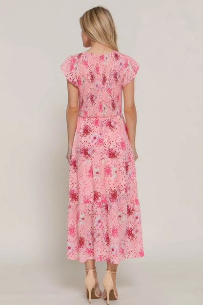 Ruffl Slv Smocked Floral Pinky Dresss - IVORYNN