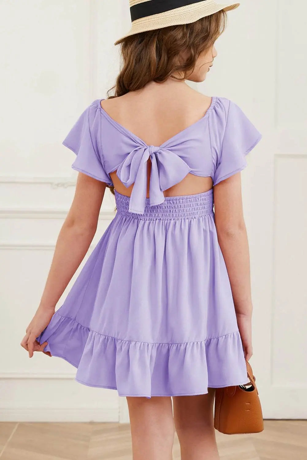 Ruffle Hem Tie-Back Flutter Sleeve Dress - IVORYNN