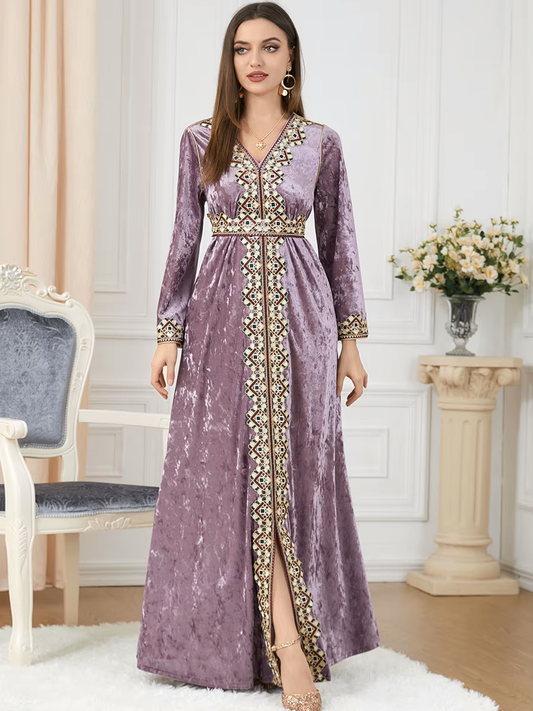 Luxury Pink Velvet Floral Weaving Moroccan Kaftan