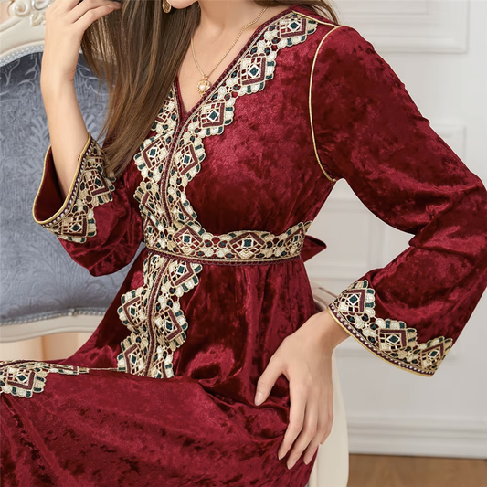 Luxury Red Velvet Floral Weaving Moroccan Kaftan