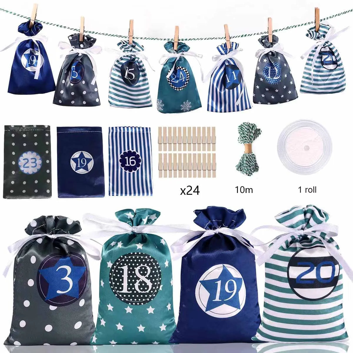 24Pcs Christmas Advent Calendar Bag set