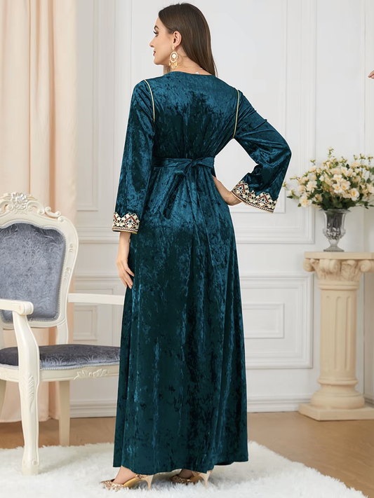 Luxury Green Velvet Floral Weaving Moroccan Kaftan