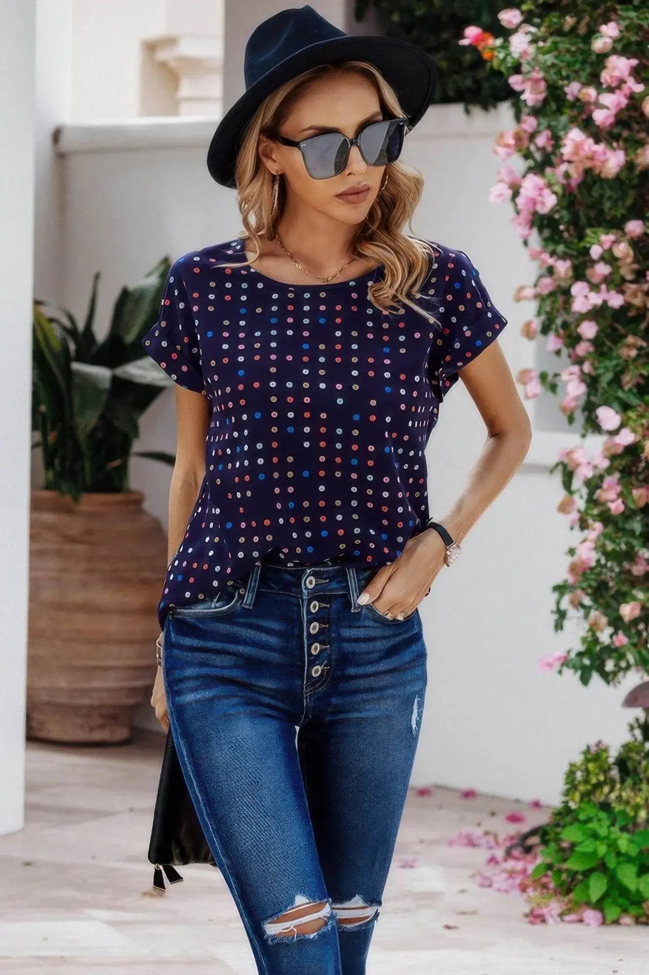 Scoop Neck Polka Dot Batwing Sleeve Blouse - IVORYNN