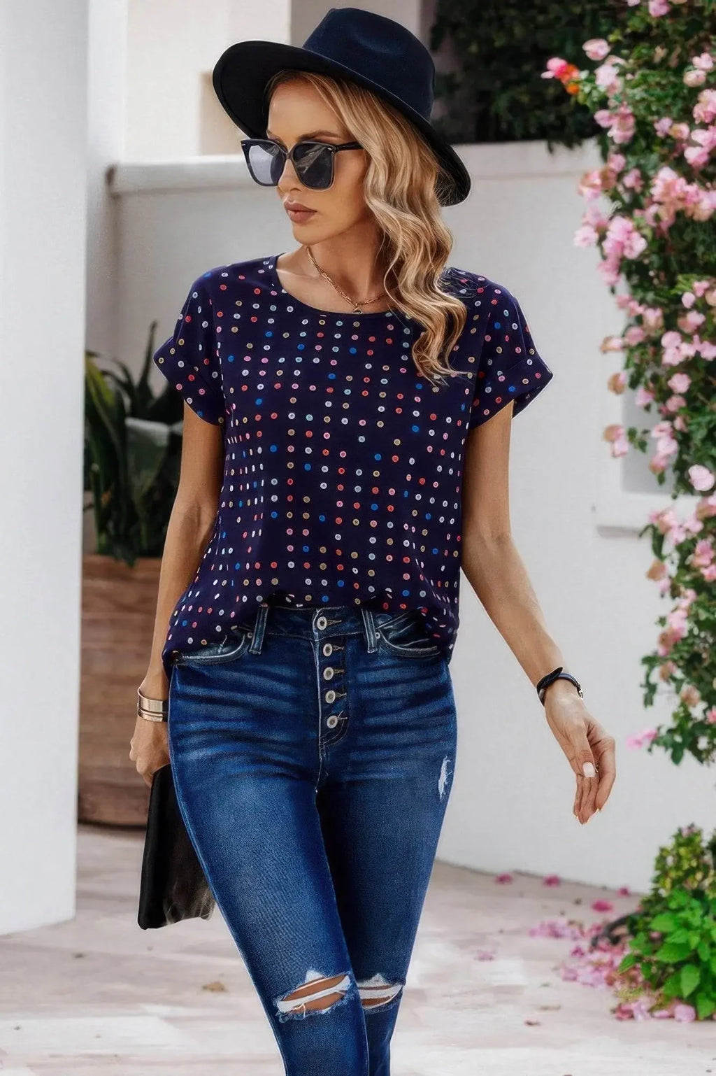 Scoop Neck Polka Dot Batwing Sleeve Blouse - IVORYNN