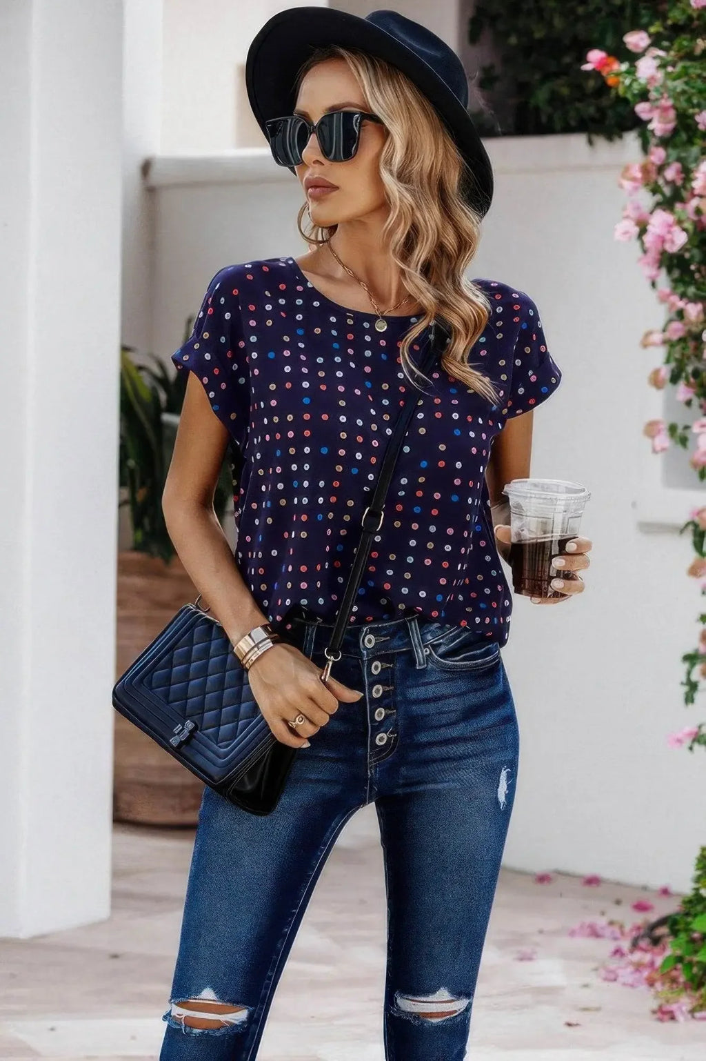 Scoop Neck Polka Dot Batwing Sleeve Blouse - IVORYNN