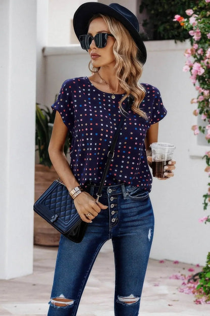 Scoop Neck Polka Dot Batwing Sleeve Blouse - IVORYNN