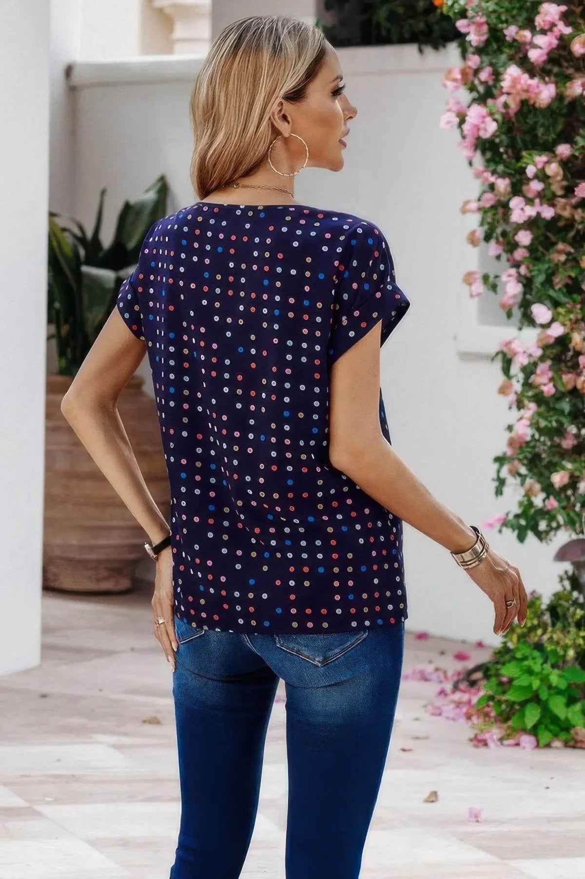 Scoop Neck Polka Dot Batwing Sleeve Blouse - IVORYNN