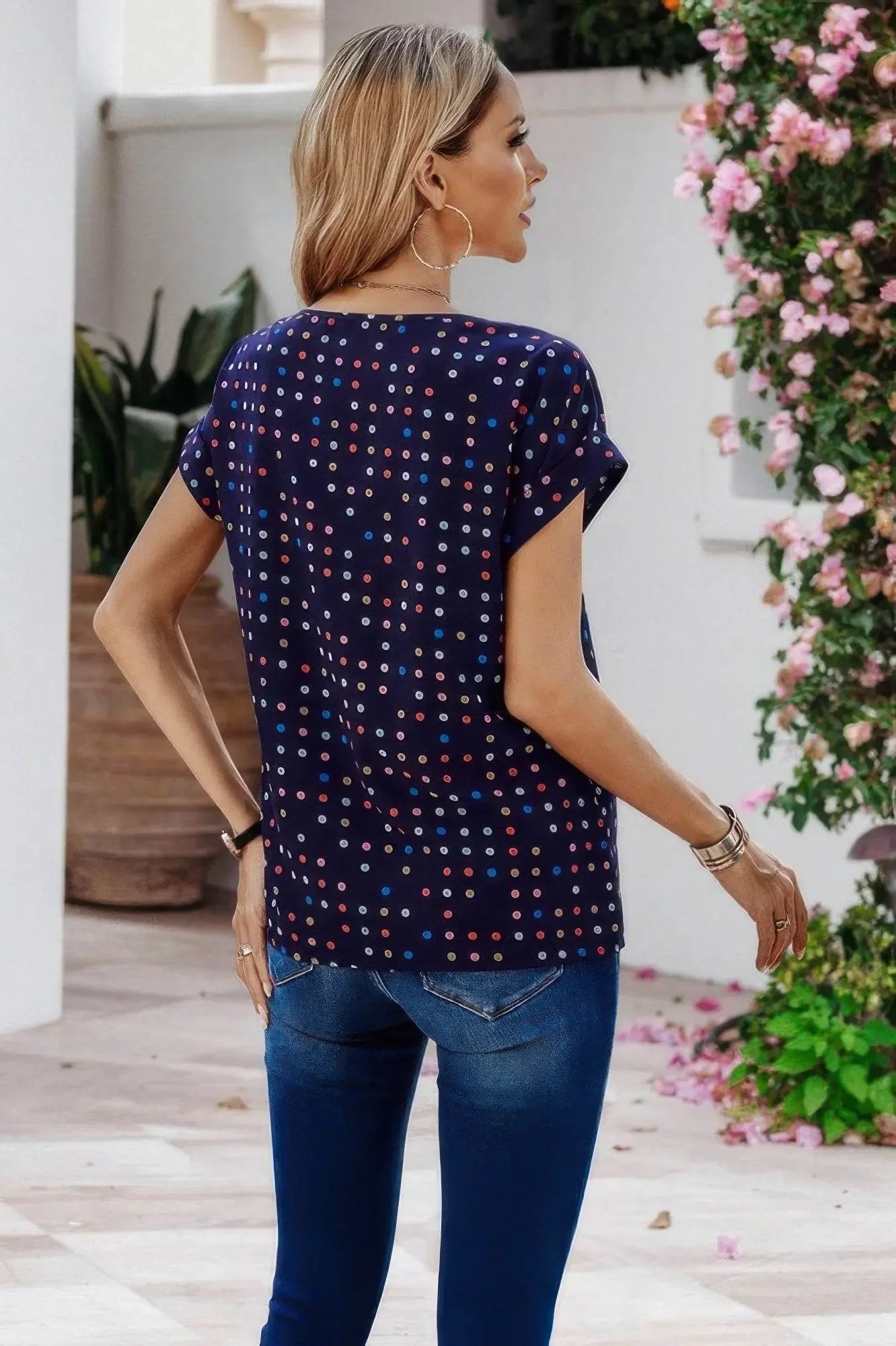 Scoop Neck Polka Dot Batwing Sleeve Blouse - IVORYNN