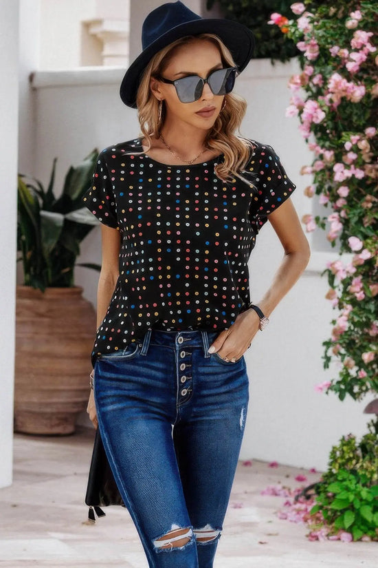 Scoop Neck Polka Dot Batwing Sleeve Blouse - IVORYNN