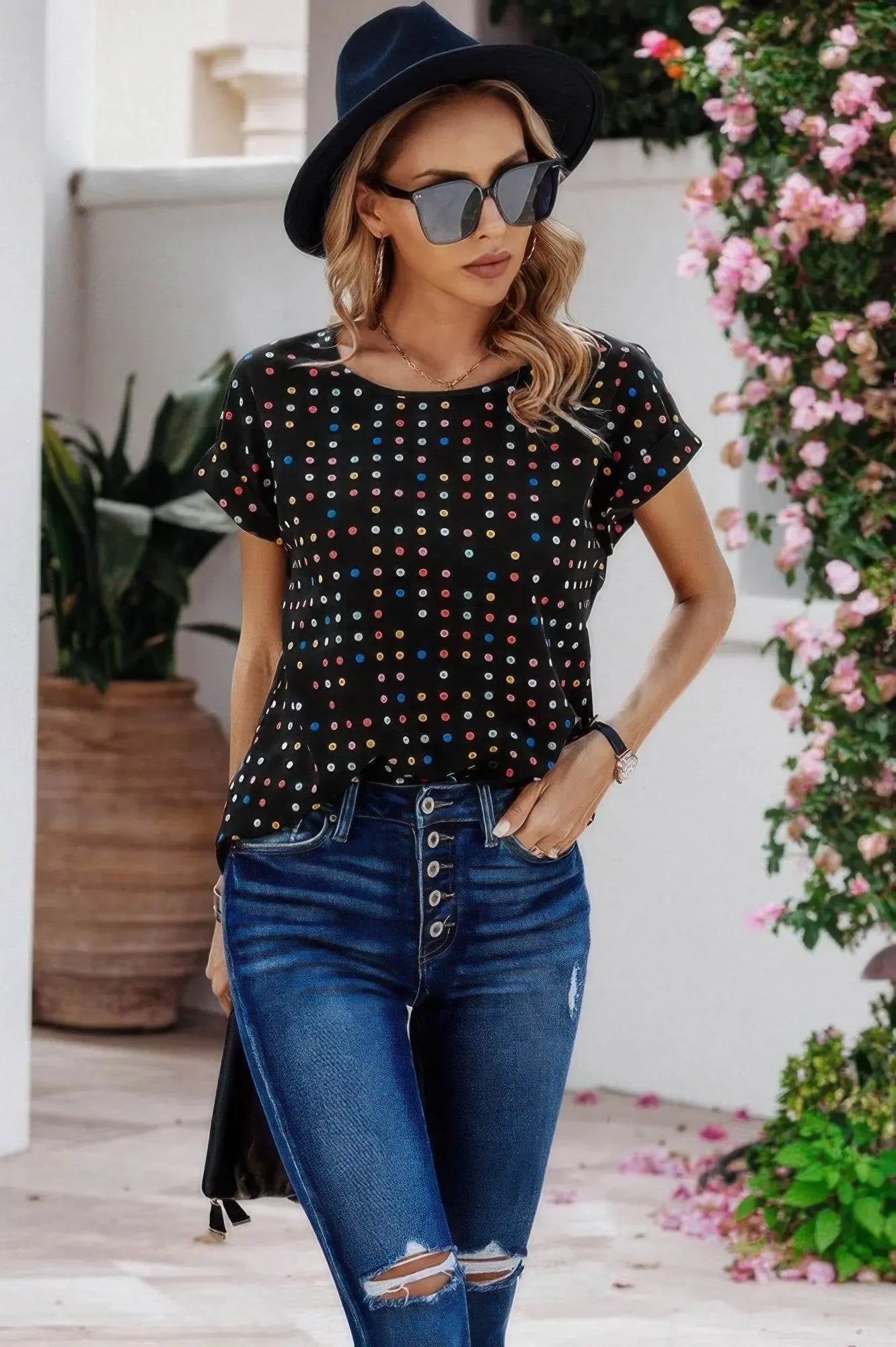 Scoop Neck Polka Dot Batwing Sleeve Blouse - IVORYNN