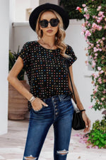 Scoop Neck Polka Dot Batwing Sleeve Blouse - IVORYNN
