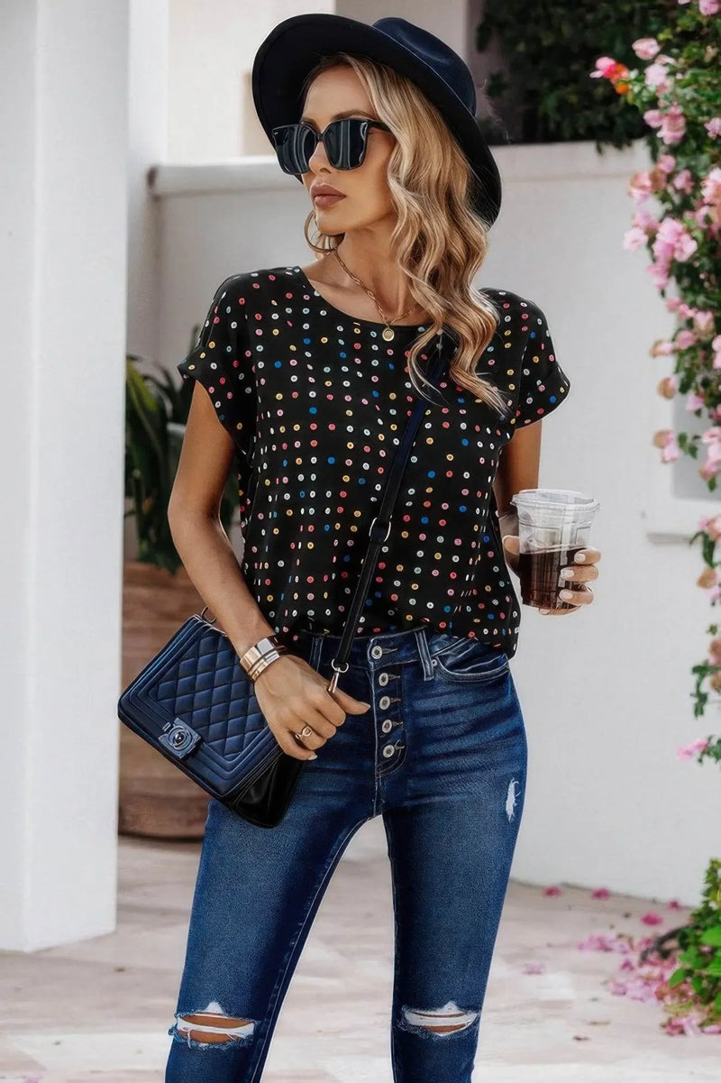 Scoop Neck Polka Dot Batwing Sleeve Blouse - IVORYNN