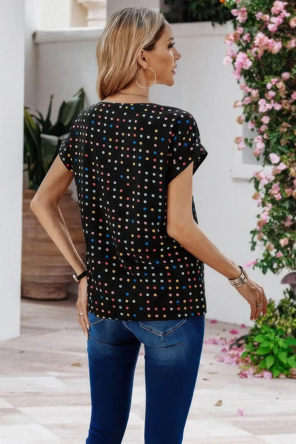 Scoop Neck Polka Dot Batwing Sleeve Blouse - IVORYNN