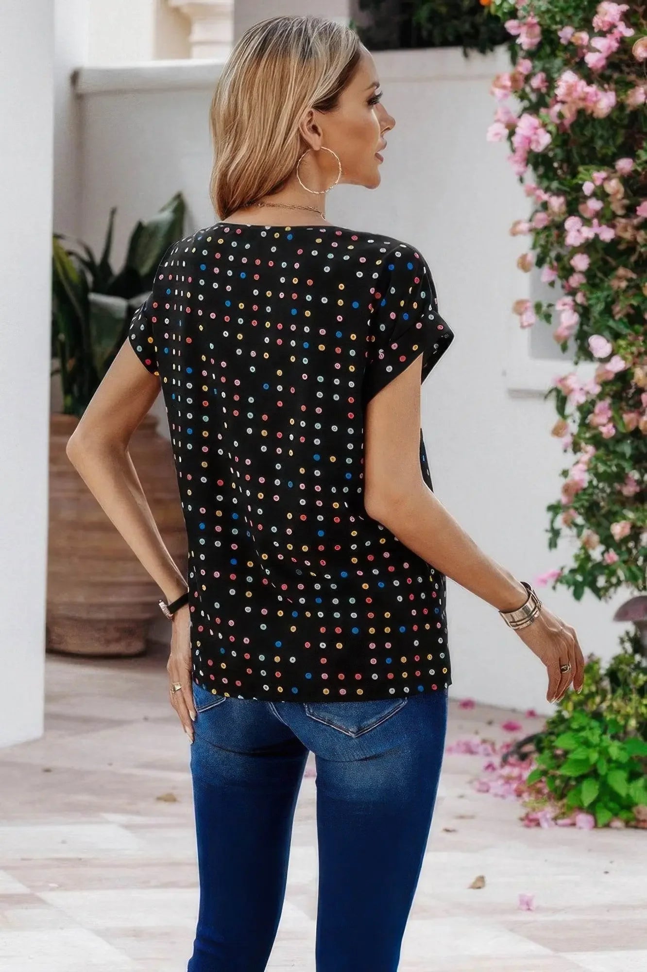 Scoop Neck Polka Dot Batwing Sleeve Blouse - IVORYNN