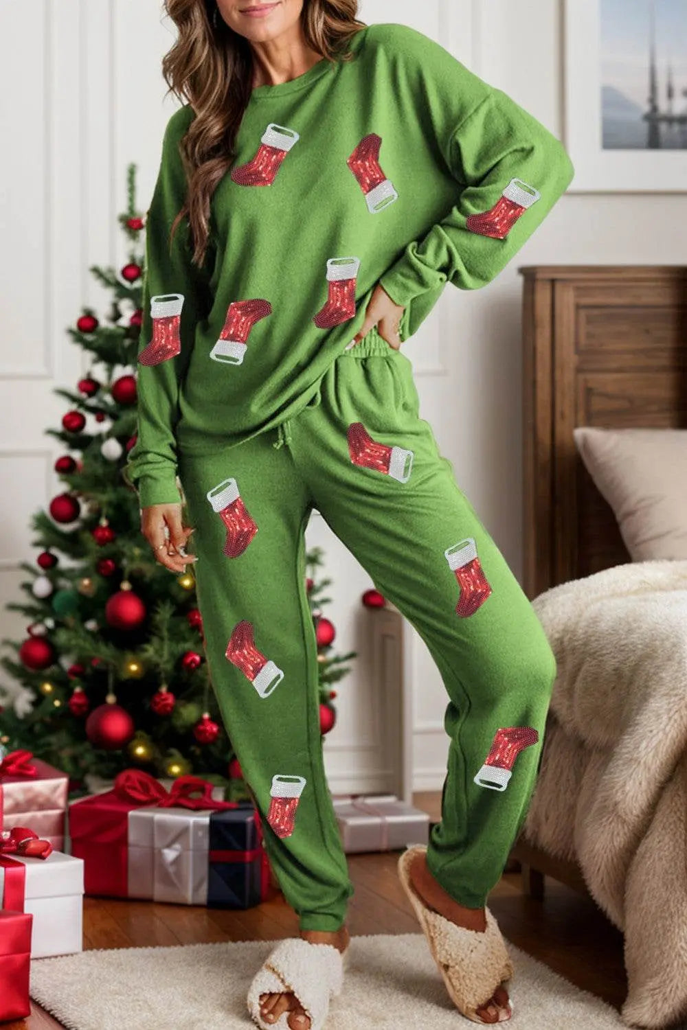 Sequin Socks Round Neck Long Sleeve Top and Pants Lounge Set - IVORYNN