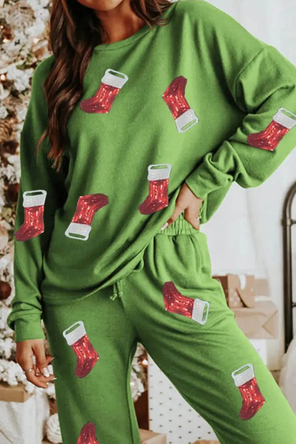 Sequin Socks Round Neck Long Sleeve Top and Pants Lounge Set - IVORYNN