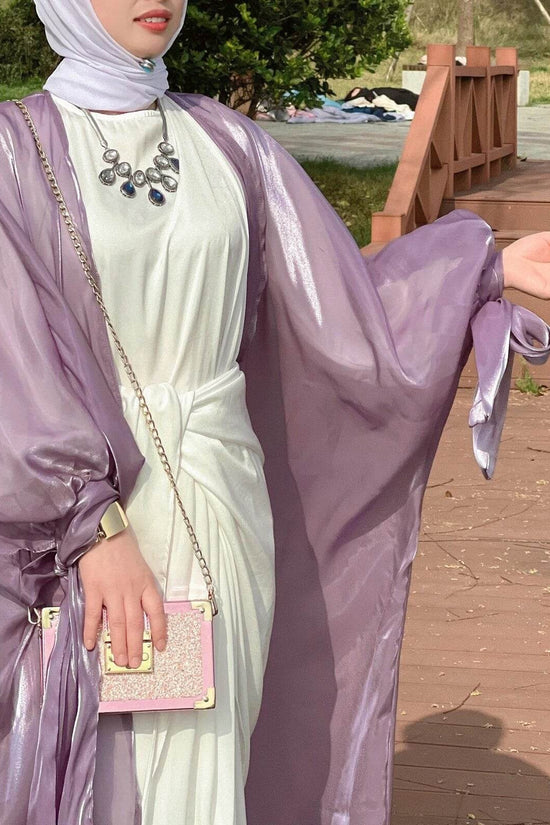 Shinny Women Open Abaya With Ribbon Cuff - IVORYNN