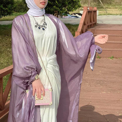 Shinny Women Open Abaya With Ribbon Cuff - IVORYNN