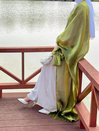 Shinny Women Open Abaya With Ribbon Cuff - IVORYNN