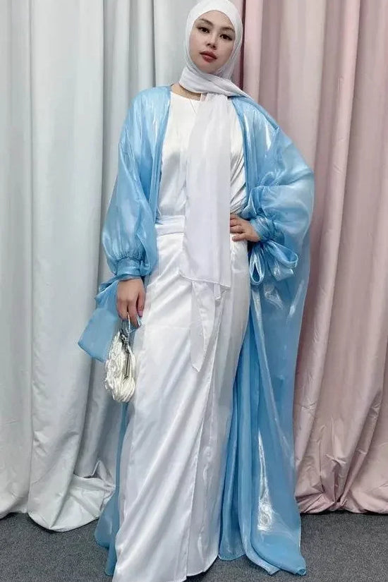 Shinny Women Open Abaya With Ribbon Cuff - IVORYNN