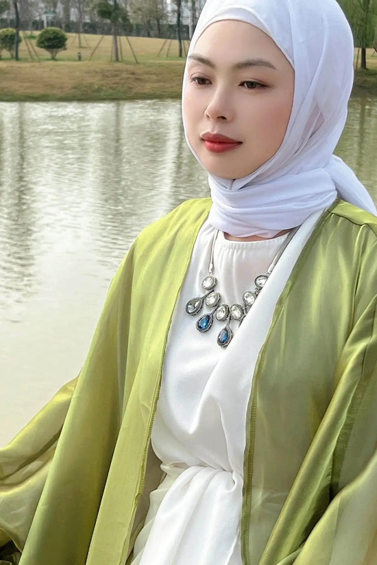 Shinny Women Open Abaya With Ribbon Cuff - IVORYNN