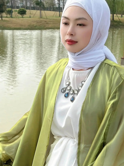 Shinny Women Open Abaya With Ribbon Cuff - IVORYNN