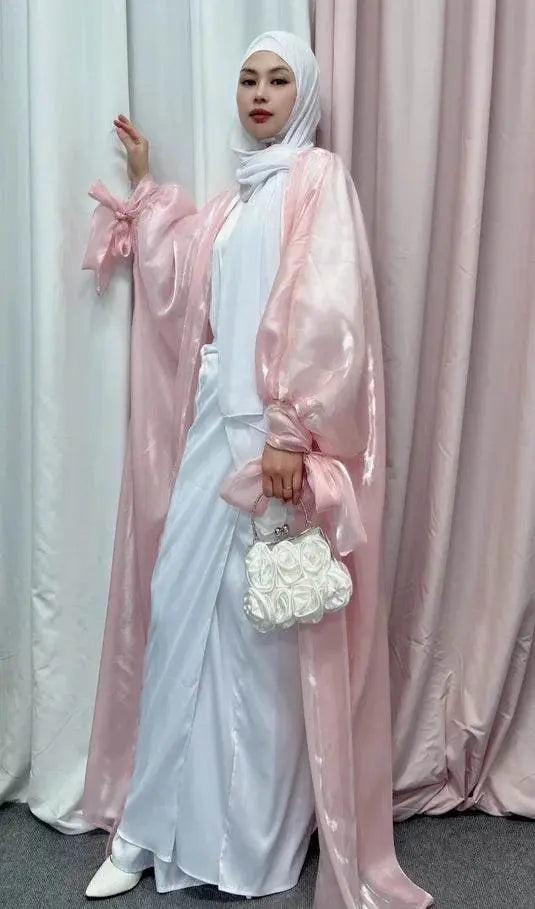 Shinny Women Open Abaya With Ribbon Cuff - IVORYNN