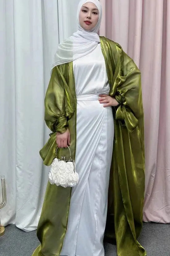 Shinny Women Open Abaya With Ribbon Cuff - IVORYNN