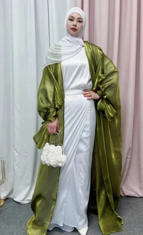 Shinny Women Open Abaya With Ribbon Cuff - IVORYNN