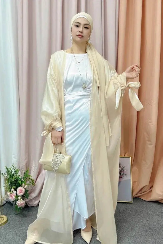 Shinny Women Open Abaya With Ribbon Cuff - IVORYNN