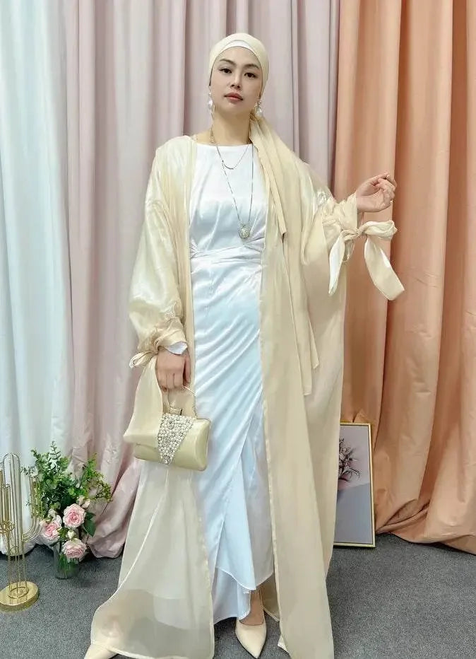 Shinny Women Open Abaya With Ribbon Cuff - IVORYNN