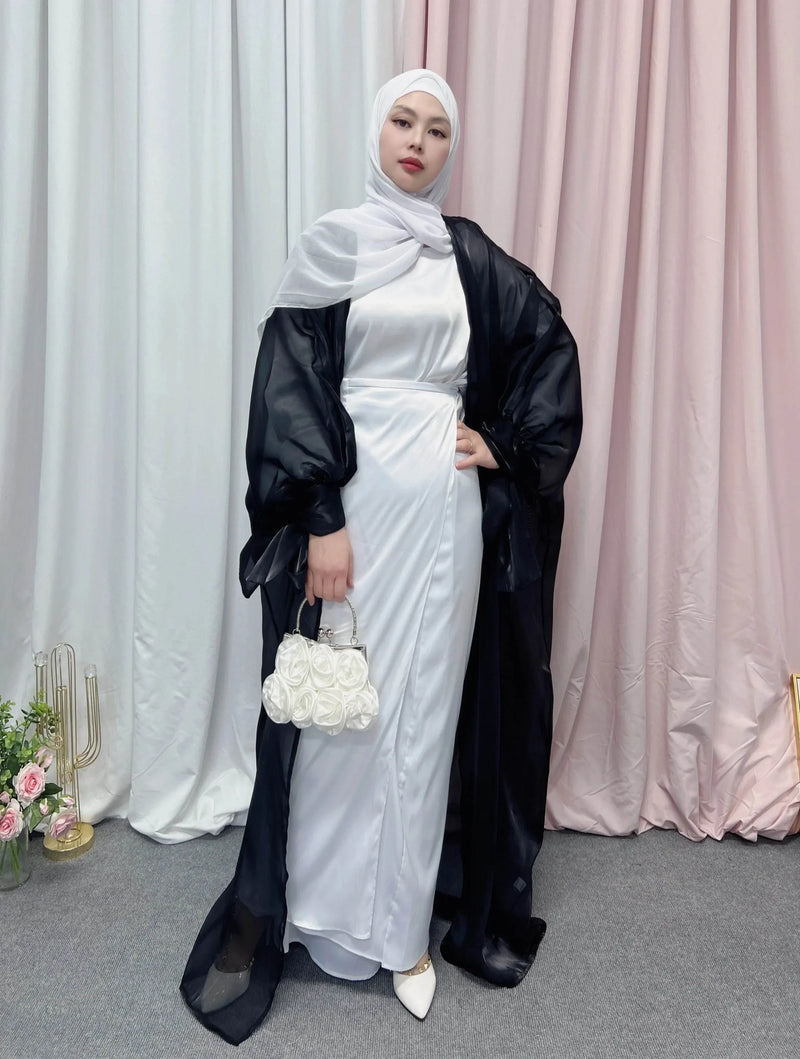 Shinny Women Open Abaya With Ribbon Cuff - IVORYNN