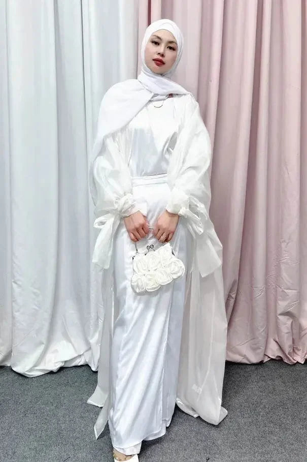 Shinny Women Open Abaya With Ribbon Cuff - IVORYNN