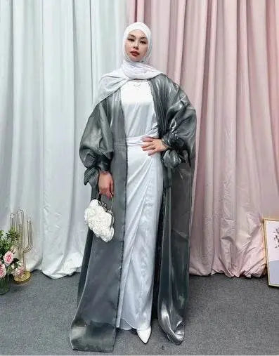 Shinny Women Open Abaya With Ribbon Cuff - IVORYNN