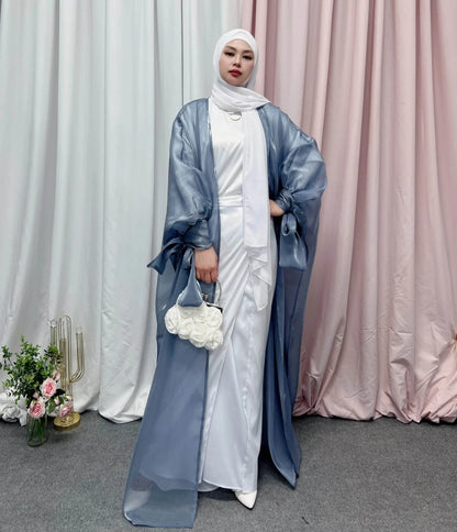 Shinny Women Open Abaya With Ribbon Cuff - IVORYNN