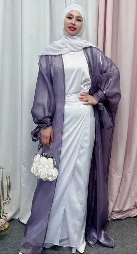 Shinny Women Open Abaya With Ribbon Cuff - IVORYNN