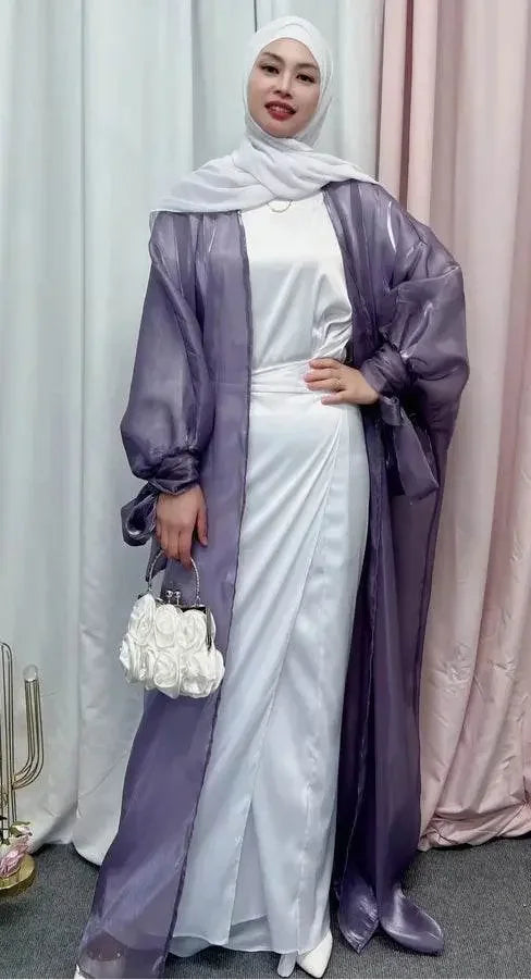 Shinny Women Open Abaya With Ribbon Cuff - IVORYNN